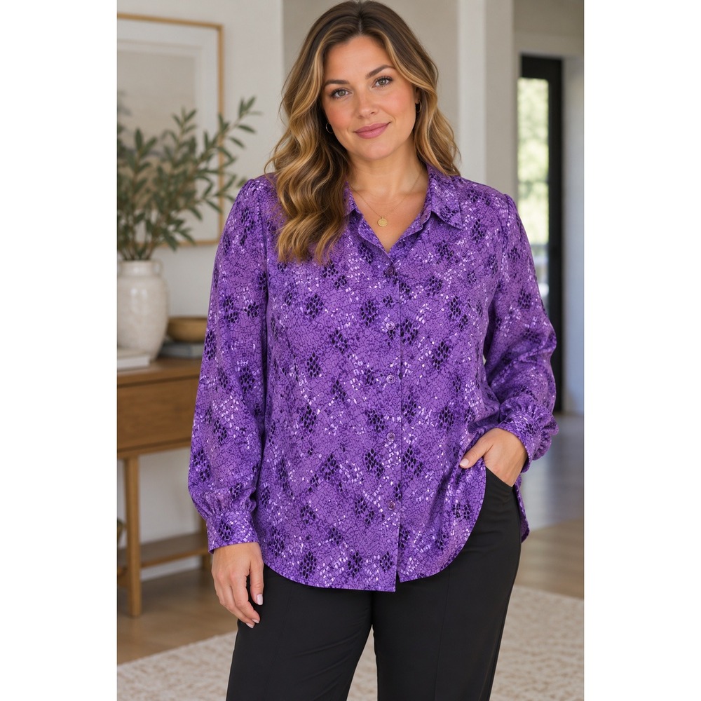 Susan Graver Blouse Women XL Purple Animal Print Button Down Long Sleeve Top
